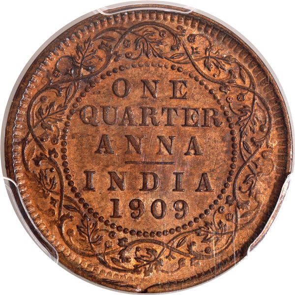 Extremely Rare PCGS MS 62 BN Graded Bronze One Quarter Anna Coin of King Edward VII of Calcutta Mint