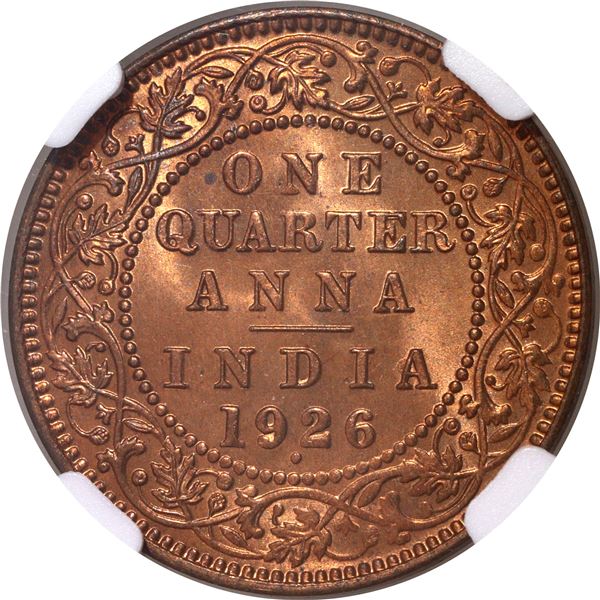 Rare NGC MS 65 RD Graded Bonze One Quarter Anna Coin of Bombay Mint of King George V of 1926.
