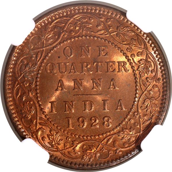 Rare NGC MS 65 RB Graded Bronze One Quarter Anna Coin of King George V of 1928 of Calcutta Mint.