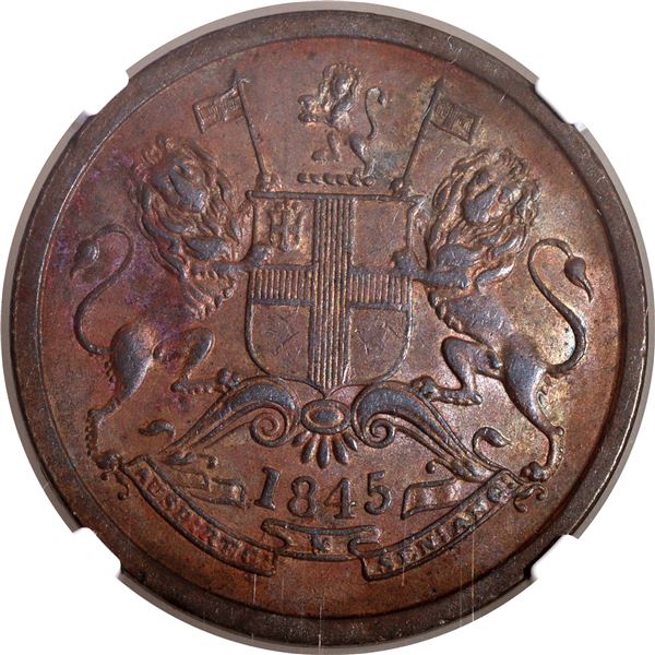 Very Rare NGC AU 58 BN Graded Copper Half Anna Coin of East India Company of Calcutta Mint of 1845.