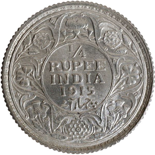 Tough Date Silver Quarter Rupee Coin of King George V of Bombay Mint of 1915.