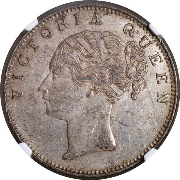 NGC AU 58 Graded Silver One Rupee Coin of Victoria Queen Continuous Legend of Calcutta Mint of 1840.