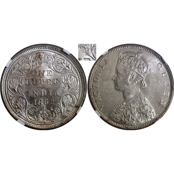 Very Rare NGC MS 61 Graded 1862 Five Panels Silver One Rupee Coin of Victoria Queen of Bombay Mint.