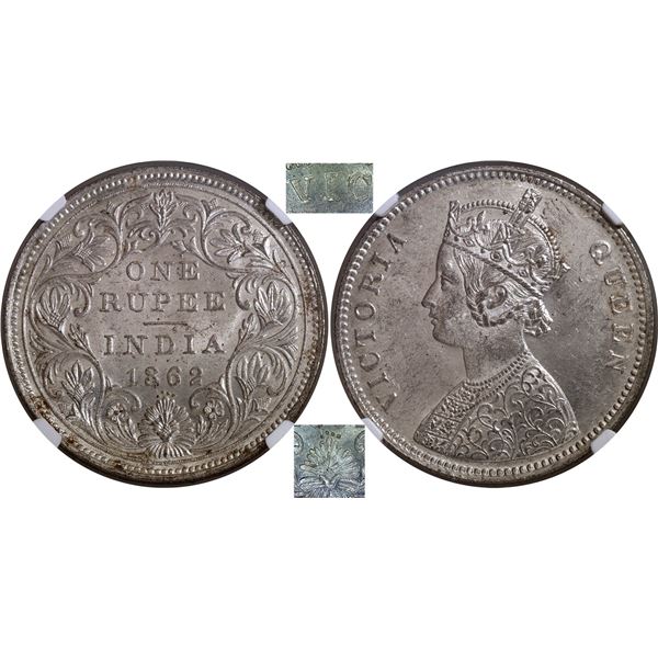 NGC MS 62 Graded Silver One Rupee Coin of Victoria Queen of Bombay Mint of 1862.