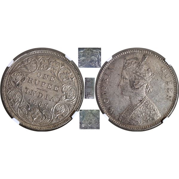 Extremely Rare NGC AU 58 Graded 1862 Silver One Rupee Coin of Victoria Queen of Bombay Mint.