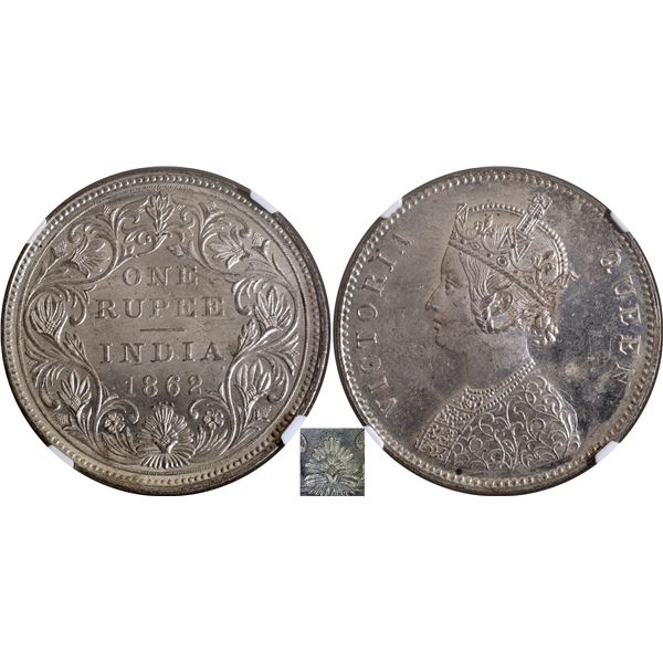 Very Rare NGC MS 63 Silver One Rupee Coin of Victoria Queen of Bombay Mint of 1862.