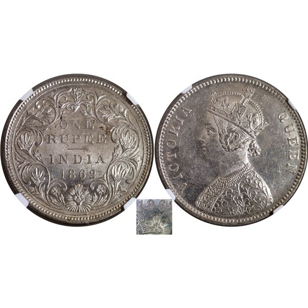 Rare NGC MS 62 Graded Silver One Rupee Coin of Victoria Queen of Bombay Mint of 1862.