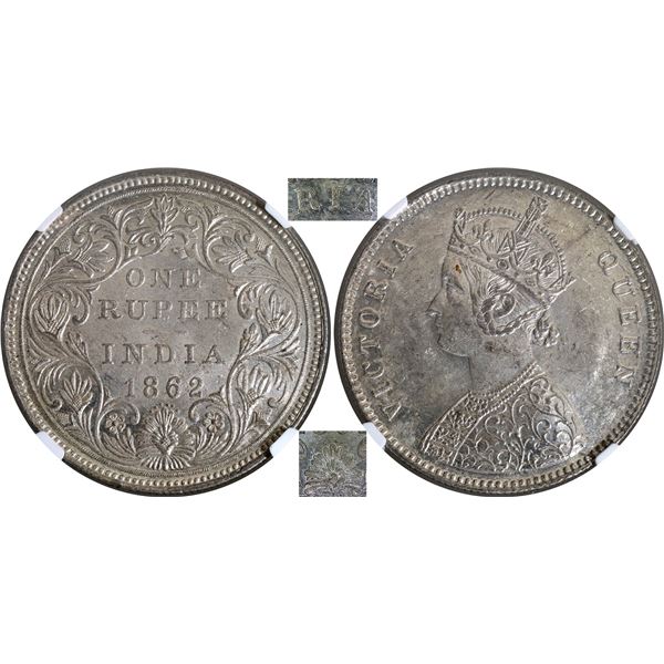 Rare NGC MS 62 Graded Silver One Rupee Coin of Victoria Queen of Bombay Mint of 1862.
