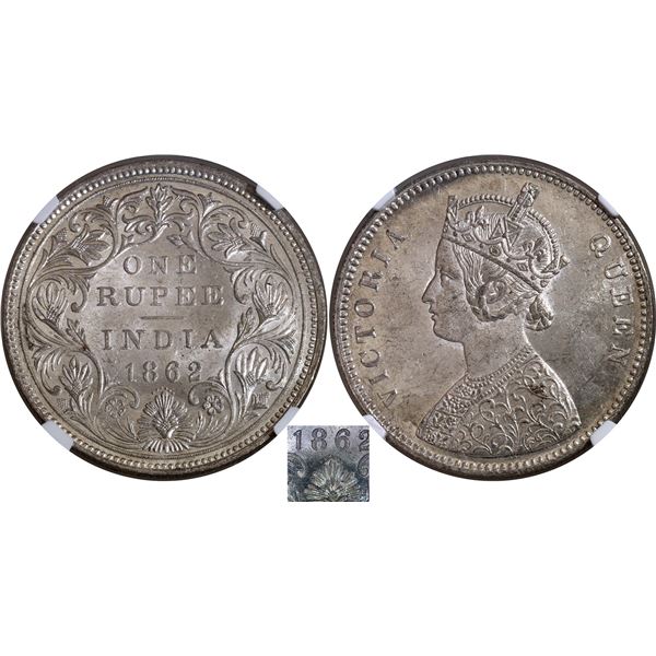 Rare NGC MS 63 Graded Silver One Rupee Coin of Victoria Queen of Bombay Mint of 1862.