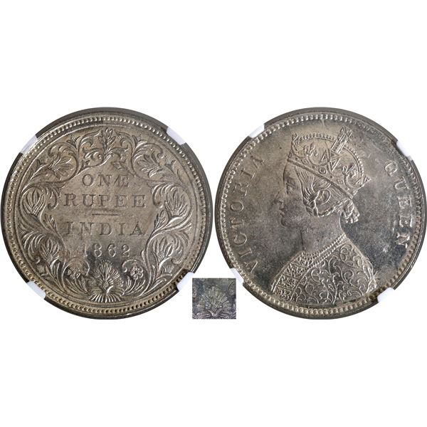 Rare NGC MS 62 Silver One Rupee Coin of Victoria Queen of Bombay Mint of 1862.