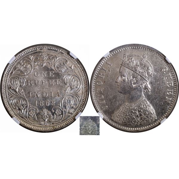 Rare NGC MS 63 Graded Silver One Rupee Coin of Victoria Queen of Bombay Mint of 1862.