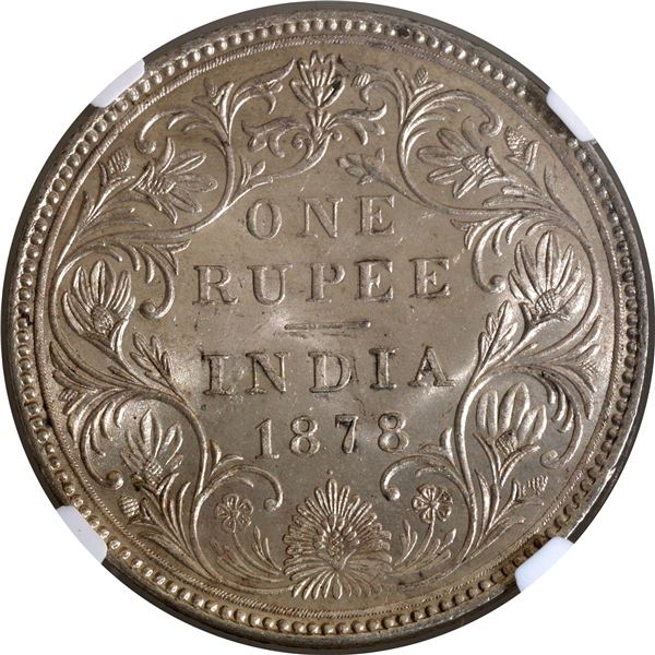 Rare NGC MS 62 Graded Silver One Rupee Coin of Victoria Empress of Bombay Mint of 1878.