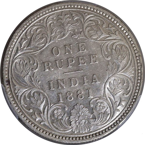 Very Rare PCGS AU 55 Graded Silver One Rupee Coin of Victoria Empress of Calcutta Mint of 1881.