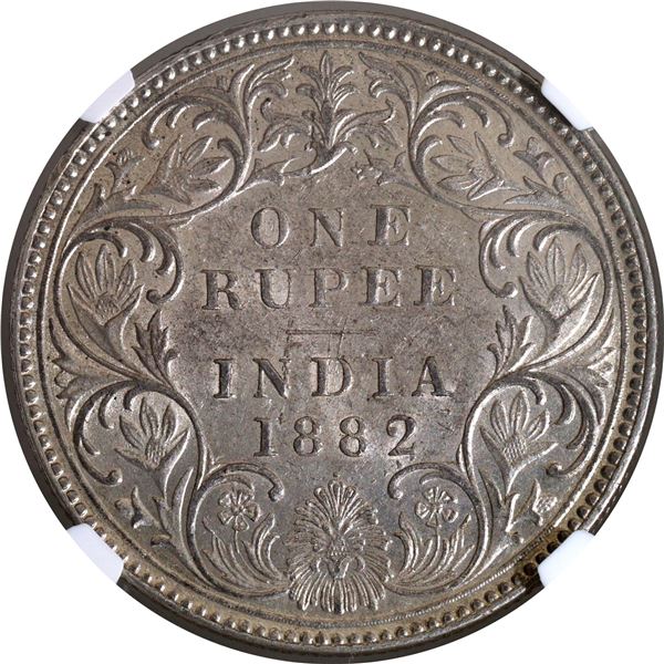 NGC AU 58 Graded Silver One Rupee Coin of Victoria Empress of Bombay Mint of 1882.