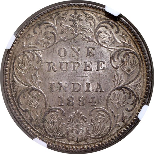 Scarce NGC MS 61 Graded Silver One Rupee Coin of Victoria Empress of Bombay Mint of 1884.