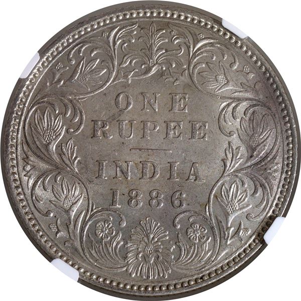 Scarce NGC MS 62 Graded Silver One Rupee Coin of Victoria Empress of Bombay Mint of 1886.