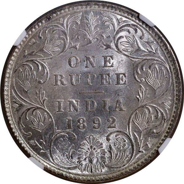 Extremely Rare Top Pop NGC MS 64 Graded Silver One Rupee Coin of Victoria Empress of Bombay Mint of
