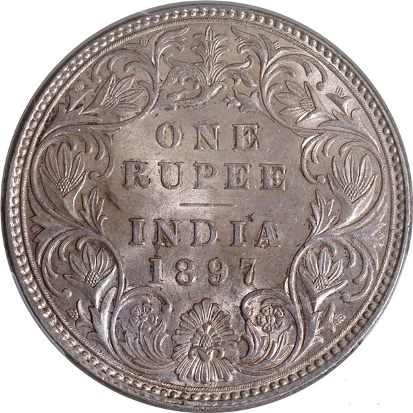 Extremely Rare PCGS AU 58 Graded 1897 Silver One Rupee Coin of Victoria Empress of Bombay Mint.