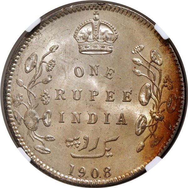 Rare NGC MS 64 Graded Silver One Rupee Coin of King Edward VII of Calcutta Mint of 1908.