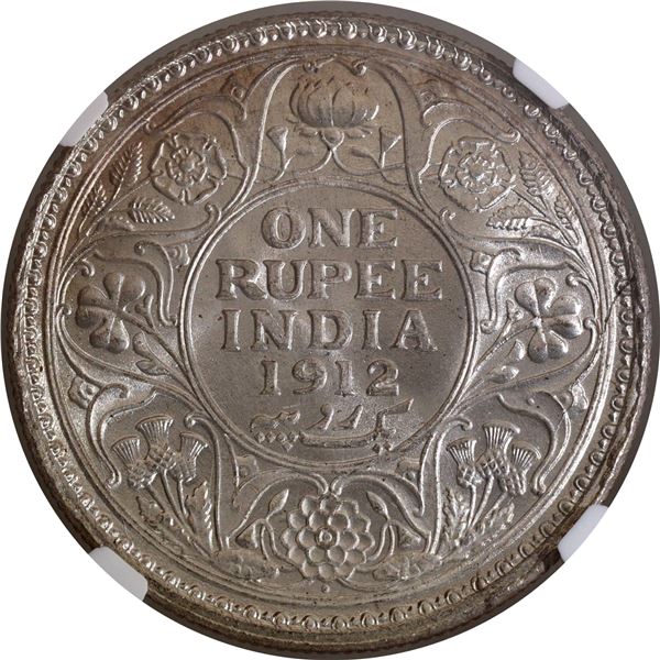 NGC MS 63 Graded Silver One Rupee Coin of King George V of Bombay Mint of 1912.