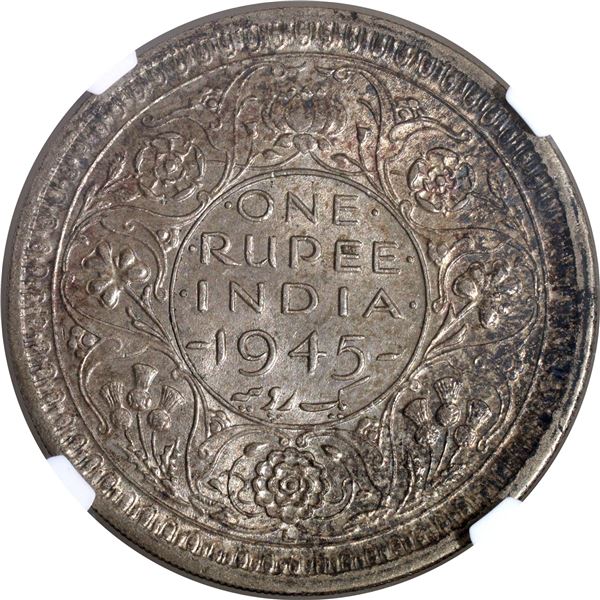 Very Rare Large Five NGC AU 58 Graded Silver One Rupee Coin of King George VI of Lahore Mint of 1945