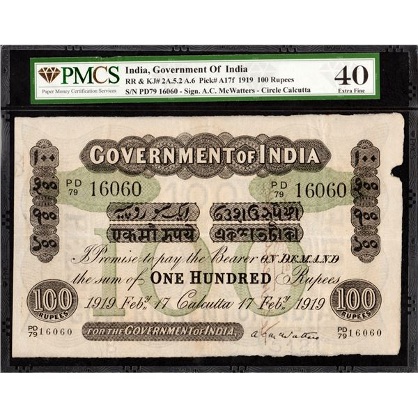 PMCS Graded Hundred Rupees Uniface Banknote of King George V of  British India of 1919 Signed by A C