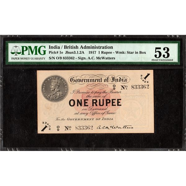 PMG Graded One Rupee Banknote of British India of King George V of 1917 Signed by A C McWatters of U