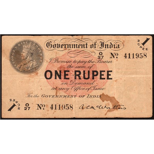 One Rupee Banknote of British India King George V of 1917 Signed by A C McWatters.