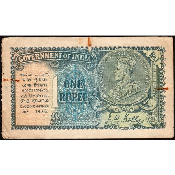 One Rupee British India Banknote of King George V of 1935 Signed by J W Kelly.