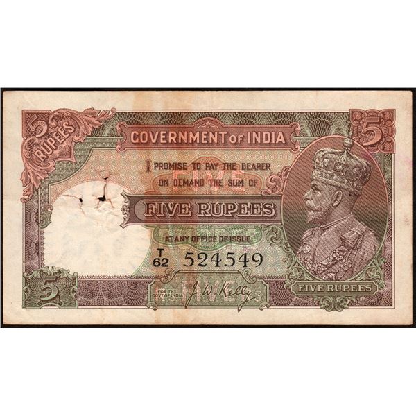 Five Rupees Banknote of British India King George V of 1934 Signed by J W Kelly.