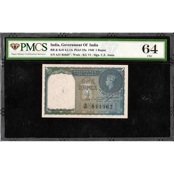 PMCS Graded One Rupee Banknote of King George VI of 1944 of British India Signed by C E Jones.