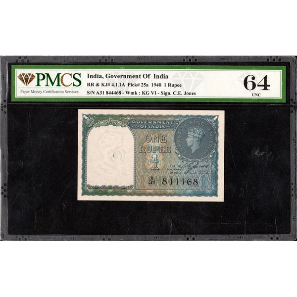 PMCS Graded One Rupee Banknote of British India  King George VI of 1944 Signed by C E Jones.