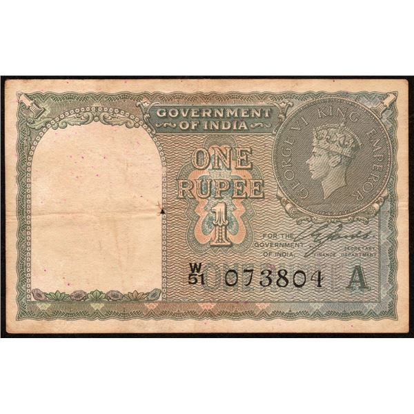 One Rupee Banknote of King George VI of 1944 of British India Signed by C E Jones.