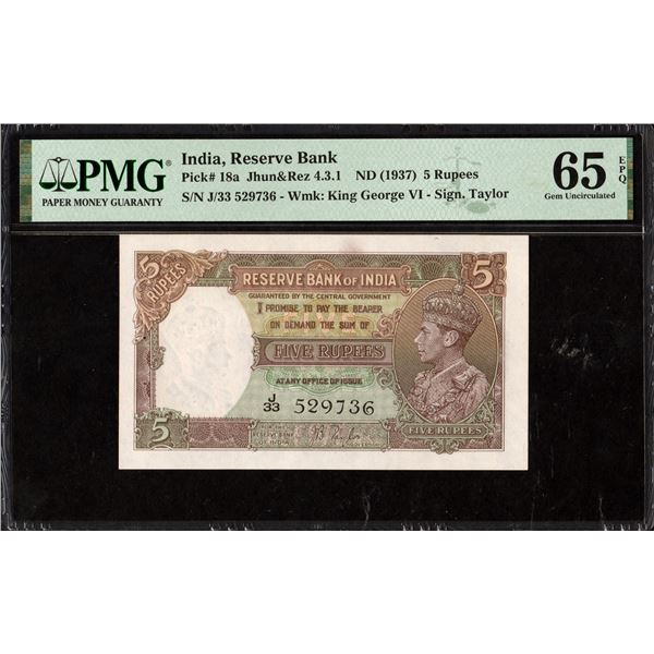 PMG Graded Five Rupees Banknote of King George VI of 1938 of British India Signed by J B Taylor.