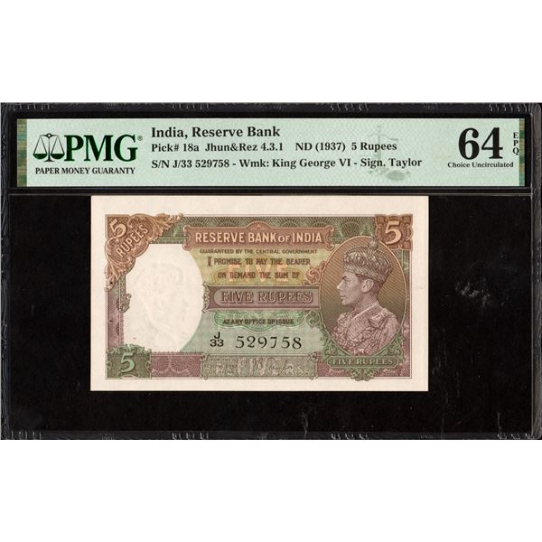 PMG Graded Five Rupees Banknote of British India King George VI of 1938 Signed by J B Taylor.