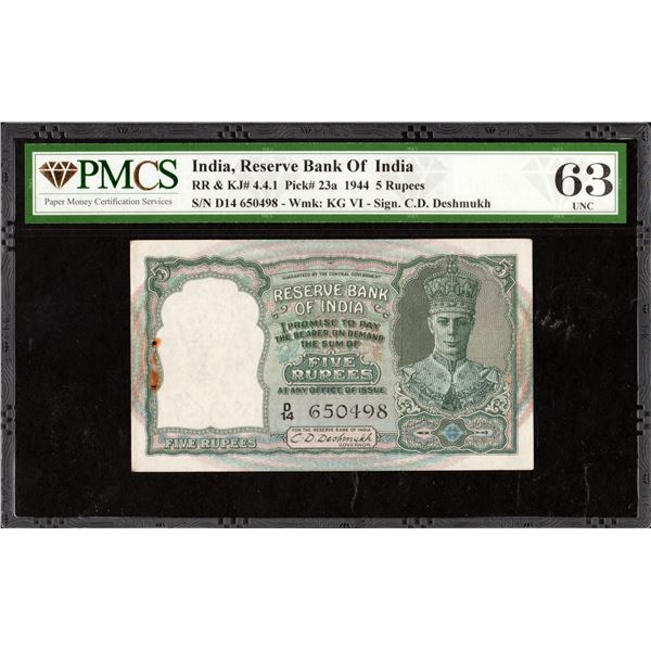 PMCS Graded Five Rupees Banknote of British India King George VI of 1944 of Signed by C D Deshmukh.
