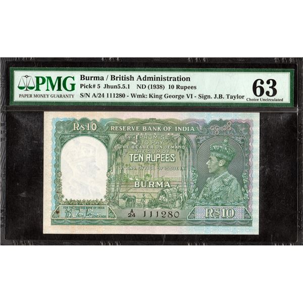 PMG Graded Burma Issue Ten Rupees Banknote of King George VI of 1938 of British India Signed by J B
