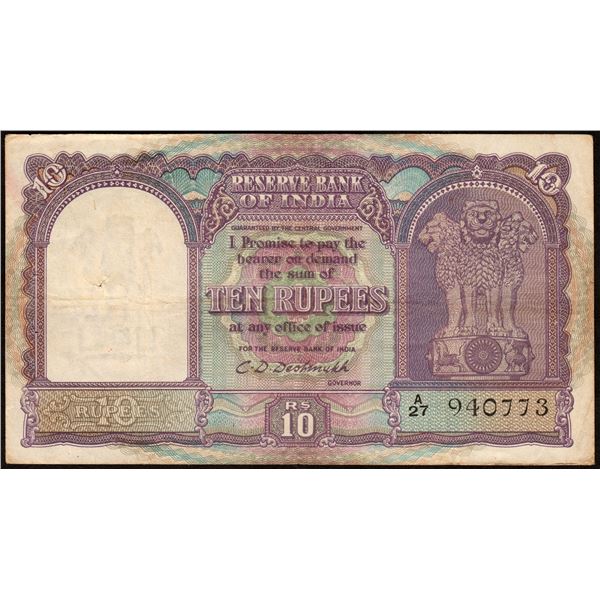Ten Rupees Banknote of  1949  Signed by C D Deshmukh of Republic India.