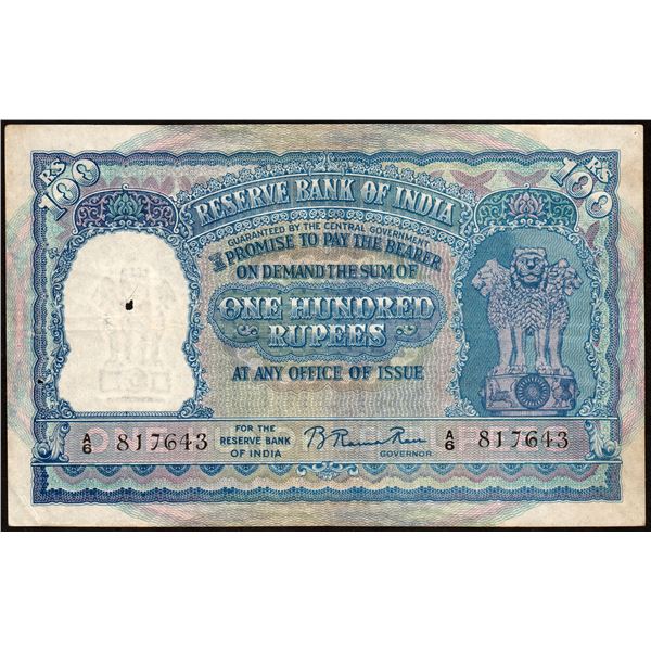 One Hundred Rupees First Issue Banknote of 1950 of Republic India Signed by B Rama Rau of Bombay Cir