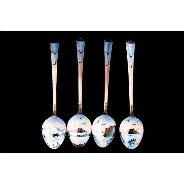 Set of 4 Silver Spoons with Enamel. Norway.