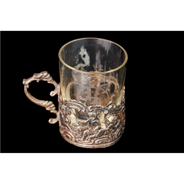 Antique Silver Carved Cup Holder with Glass Cup. Europe.