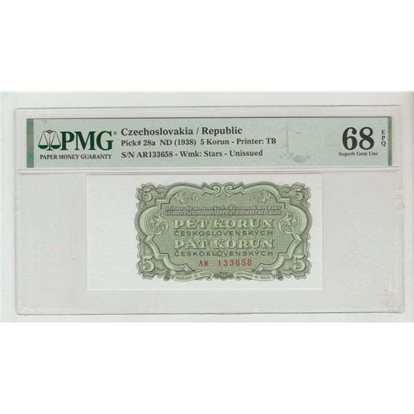 Czechoslovakia/Republic, 5 Korun, 1938 year, PMG 68