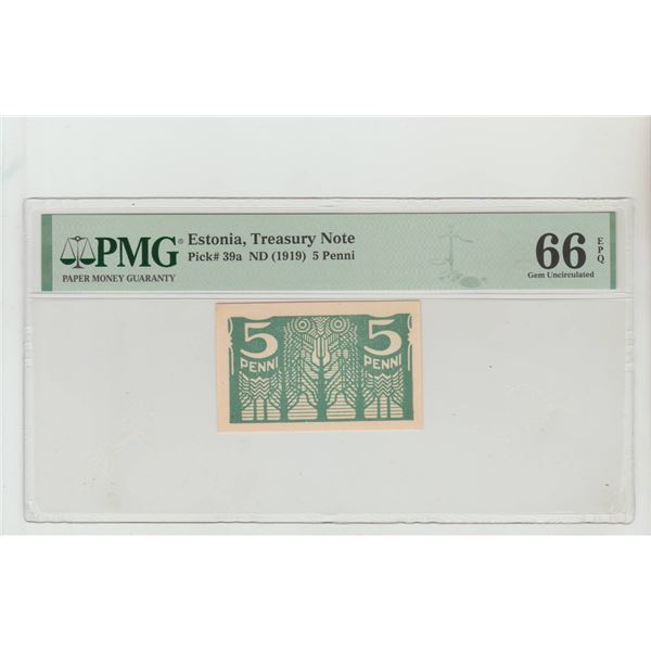 Estonia, 5 Penni, 1919 year, PMG 66