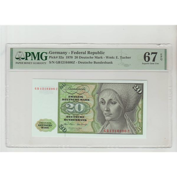 Germany,  20 Deutsche Mark, 1970 year, PMG 67