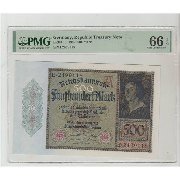 Germany, 500 Mark, 1922 year, PMG 66