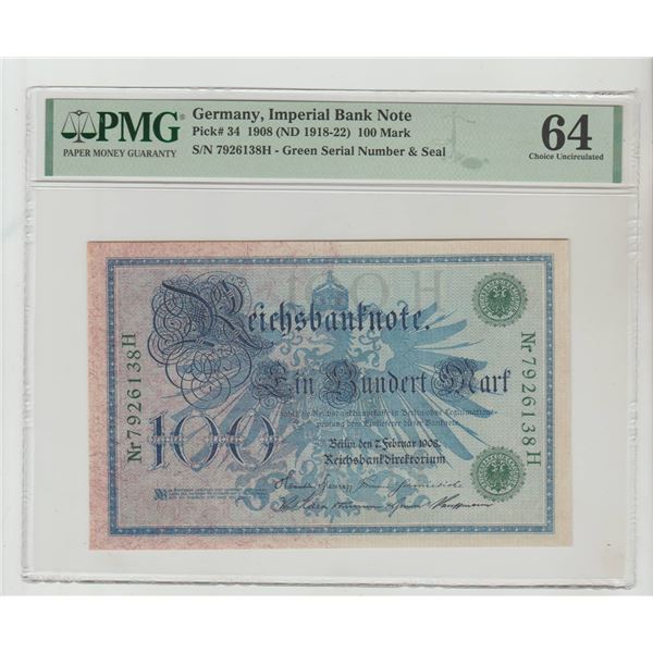 Germany, 100 Mark, 1908 year, PMG 64