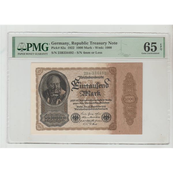 Germany, 1000 Mark, 1922 year, PMG 65