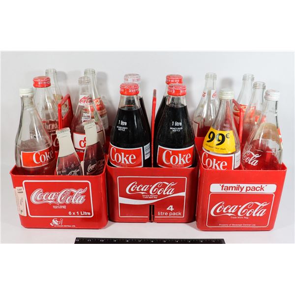 3 VINTAGE COCA COLA PLASTIC CARRIERS WITH BOTTLES