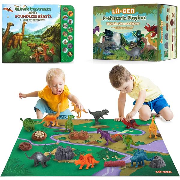Lot of 1 Lil-Gen Prehistoric Playbox Toy Set - Includes 12 Dinosaur Figures, Sound Book & Playmat!