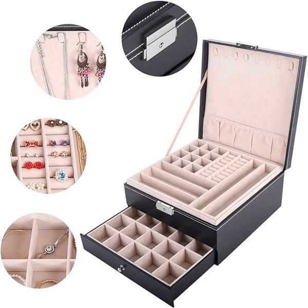 Lot of 1 Black Leather 3-Layer Jewelry Box/Jewelry Organizer - Brand New!